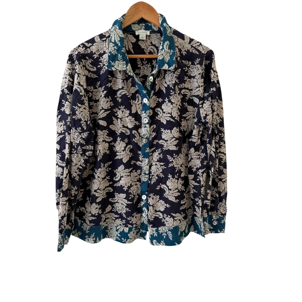 Sundance Button Up Shirt Womens L Navy Blue Teal Floral Cotton Boho Coastal